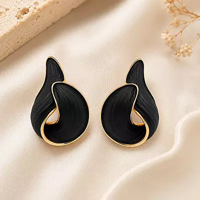 Noirelle Black Sculpted Loop Gold-Tone Stud Earrings