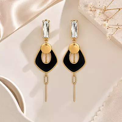 Noiré Black Geometric Crystal Gold-Tone Drop Earrings