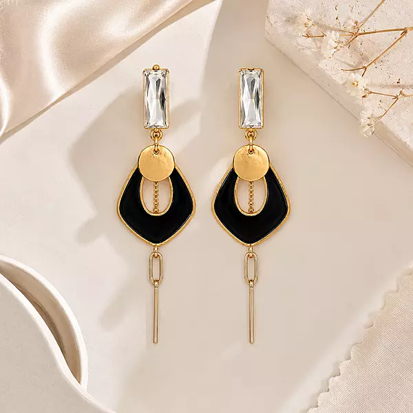 Noiré Black Geometric Crystal Gold-Tone Drop Earrings