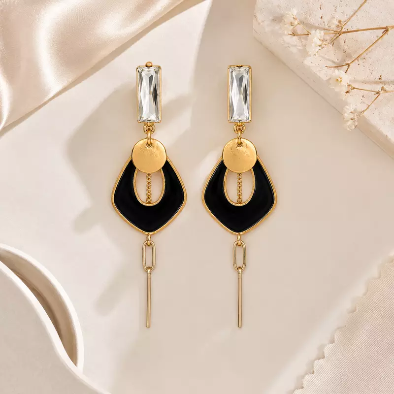 Noiré Black Geometric Crystal Gold-Tone Drop Earrings