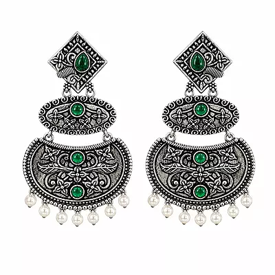 Mrinalika Green Stone Pearl Oxidised Chandbali Earrings
