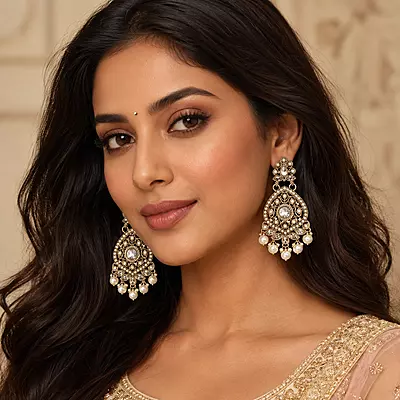 Mrinalika Pearl and Clear Stone Gold-Tone Teardrop Earrings