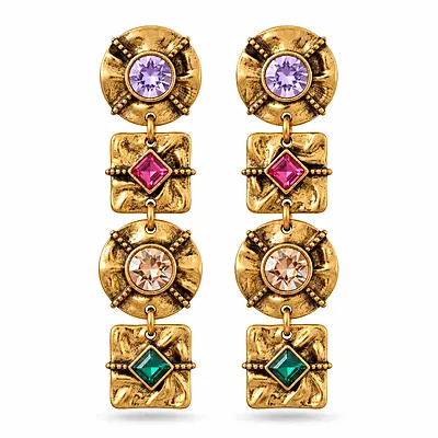 Aurexis Multicolour Antique Gold Geometric Drop Earrings