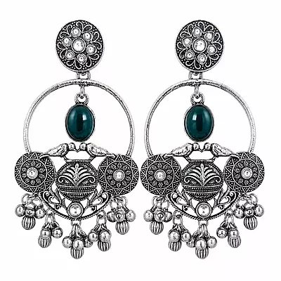 Naira Deep Teal Bird Motif Oxidised Chandbali Earrings