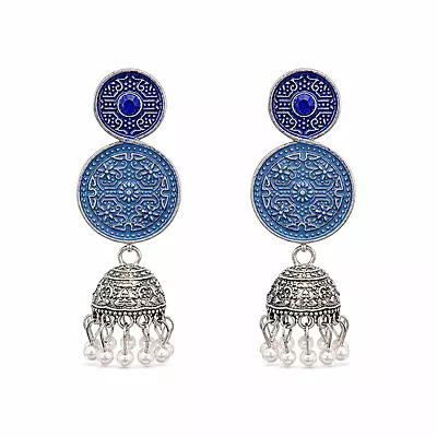 Neelambara Dual Blue Medallion Oxidised Jhumka Earrings