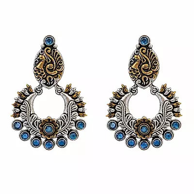 Neelanjali Peacock Blue Stone Oxidised Chandbali Earrings