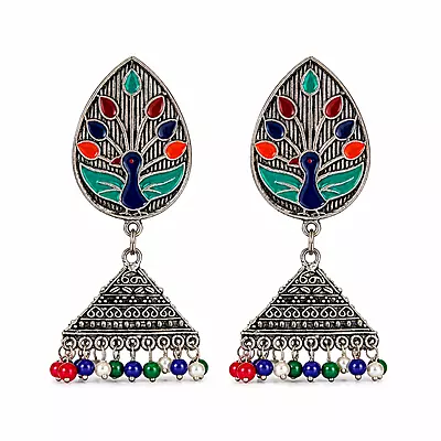 Neelmayur Multicolour Enamel Oxidised Jhumka Earrings