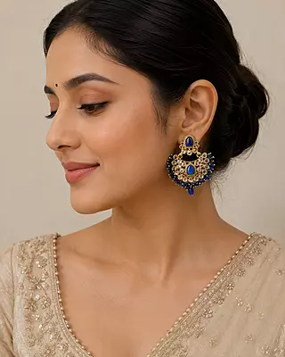 Nilarika Royal Blue Bead Gold-Tone Chandbali Earrings