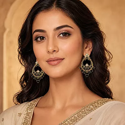 Nishika Black Bead Gold-Tone Chandbali Earrings