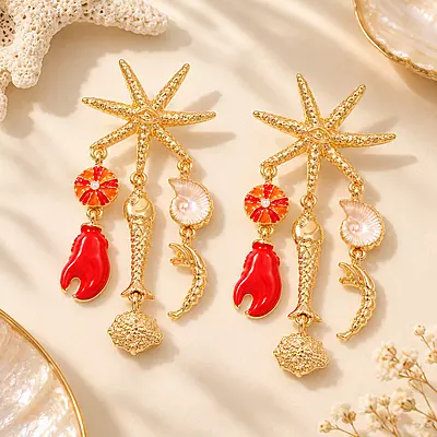 Marisca Gold-Tone Ocean Charm Drop Earrings