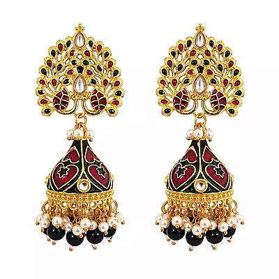 Mayura Ruby Black Enamel Peacock Jhumka Earrings