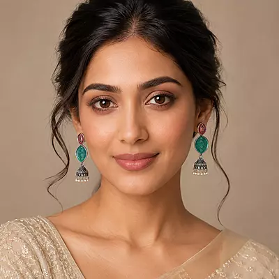 Madhavi Teal and Rose Enamel Oxidised Jhumka Earrings