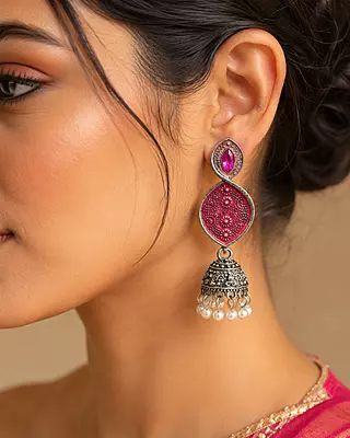 Gulmeher Magenta Enamel Oxidised Jhumka Earrings
