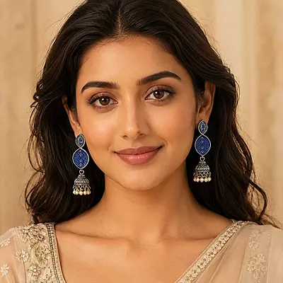 Neelvaani Cobalt Enamel Oxidised Jhumka Earrings