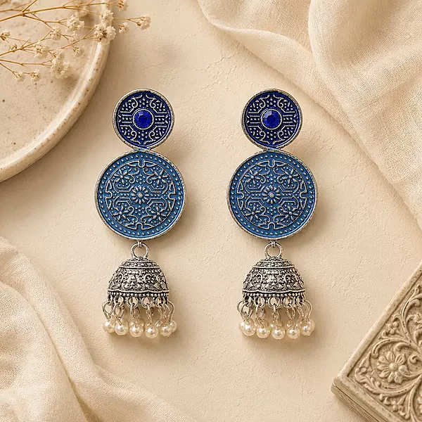 Neelambara Dual Blue Medallion Oxidised Jhumka Earrings
