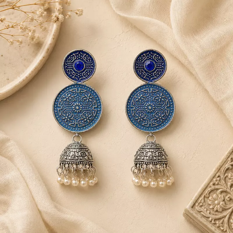 Neelambara Dual Blue Medallion Oxidised Jhumka Earrings