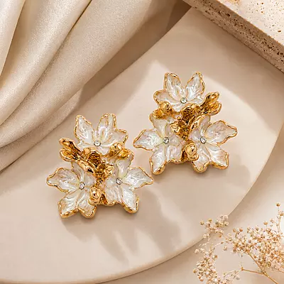 Elara Ivory Bloom Gold-Tone Floral Stud Earrings