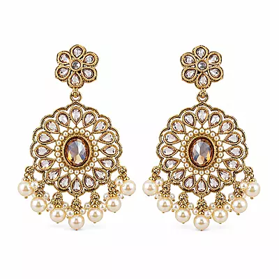 Pravisha Champagne Stone Pearl Floral Medallion Earrings