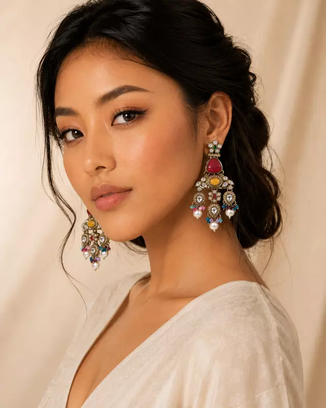 Rangrez Multicolour Anti Golden Kundan Chandelier Earrings