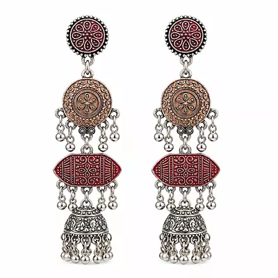 Raktima Maroon Layered Oxidised Jhumka Earrings