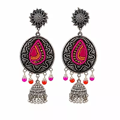 Rangrekha Magenta and Orange Beaded Oxidised Jhumka Earrings