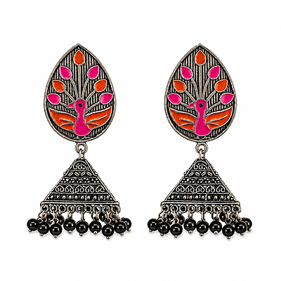 Rangrez Peacock Enamel Oxidised Jhumka Earrings