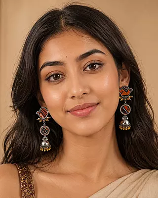 Rangtara Asymmetric Textile Oxidised Jhumka Earrings