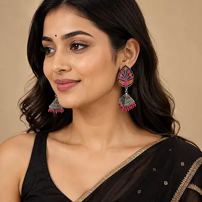 Gulnaar Peacock Enamel Oxidised Jhumka Earrings