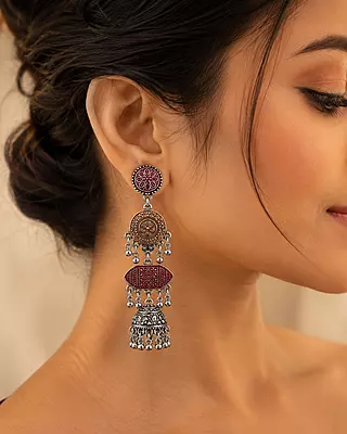 Raktima Maroon Layered Oxidised Jhumka Earrings