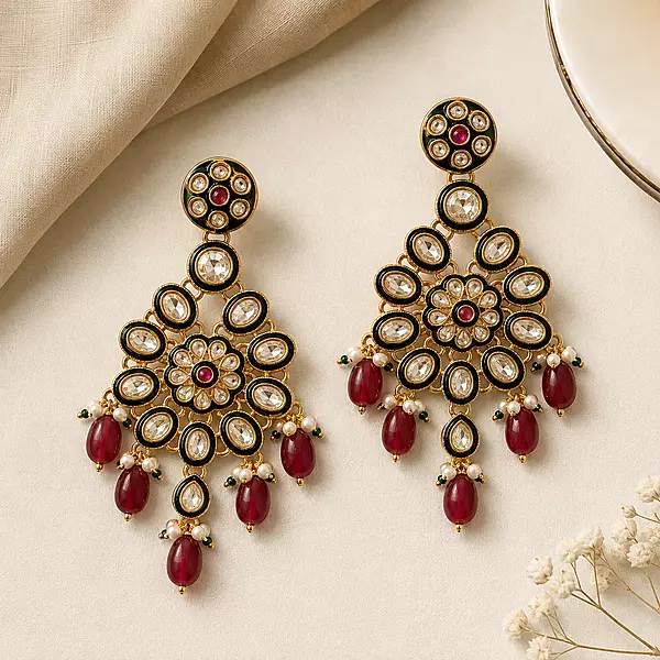 Noor Ruby Beaded Floral Kundan Dangler Earrings