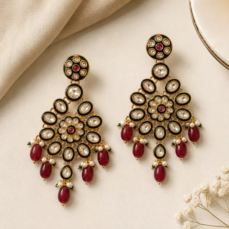 Noor Ruby Beaded Floral Kundan Dangler Earrings