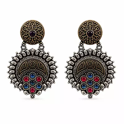 Ruhani Multicolour Stone Oxidised Medallion Earrings