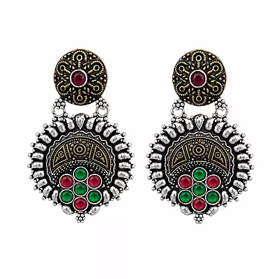 Saanvika Green and Red Stone Oxidised Medallion Earrings