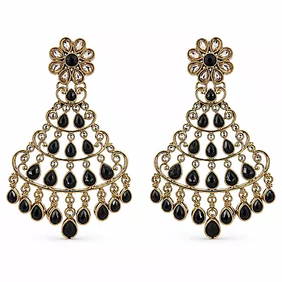 Shyamira Black Stone Gold-Tone Chandelier Earrings