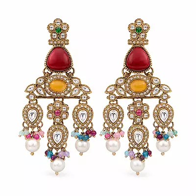 Rangrez Multicolour Anti Golden Kundan Chandelier Earrings