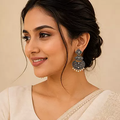 Taralika Clear Stone Pearl Oxidised Chandbali Earrings