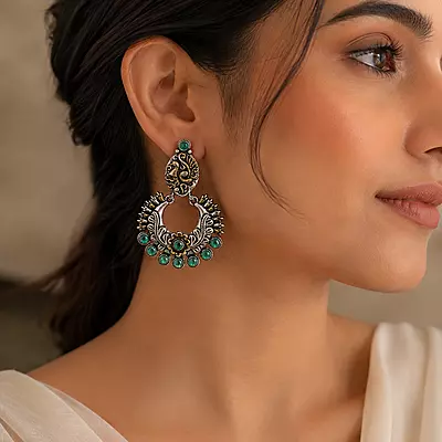 Aaranya Peacock Green Stone Oxidised Chandbali Earrings