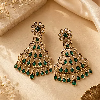 Vanamala Green Stone Gold-Tone Chandelier Earrings