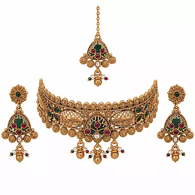 Vanyara Antique Gold Choker Jewellery Set with Earrings and Maang Tikka