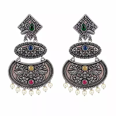 Varnika Multicolour Stone Pearl Oxidised Chandbali Earrings