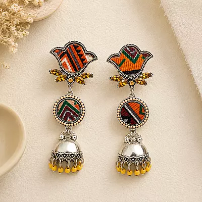 Rangtara Asymmetric Textile Oxidised Jhumka Earrings