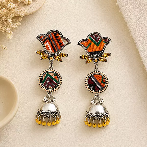 Rangtara Asymmetric Textile Oxidised Jhumka Earrings