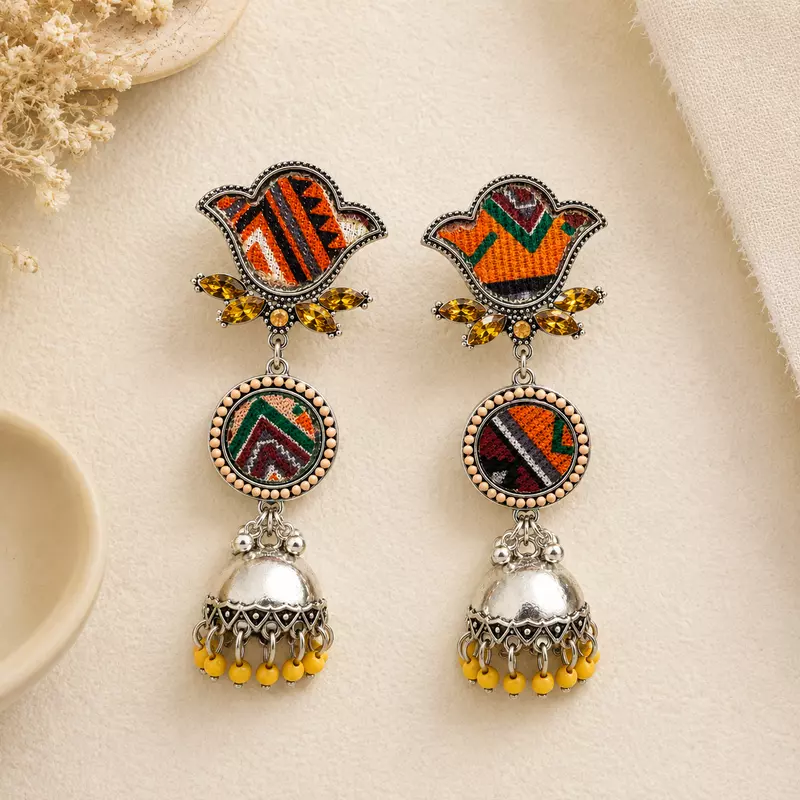 Rangtara Asymmetric Textile Oxidised Jhumka Earrings
