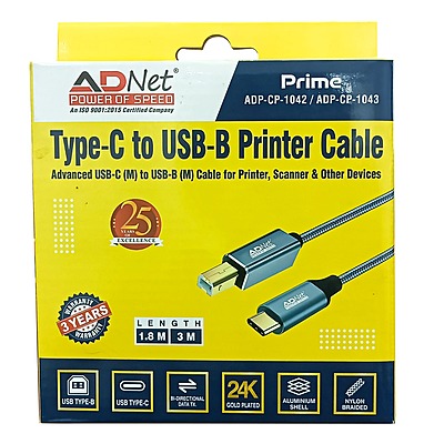 Type C to USB B Printer Cable 1.8mtr High Speed Printer Cable for Printers Scanners and Other Divices