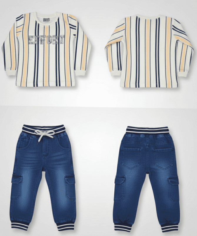 LittleToons Kids Boys 2-Piece Striped Cotton Top & Denim-Look Jogger Set