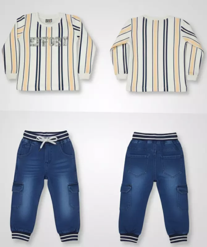LittleToons Kids Boys 2-Piece Striped Cotton Top & Denim-Look Jogger Set