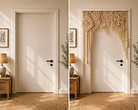 Natural Macrame Door Arch Valance with Geometric Medallions & Fringe