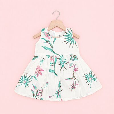 Floral Breeze White Sleeveless Cotton Frock