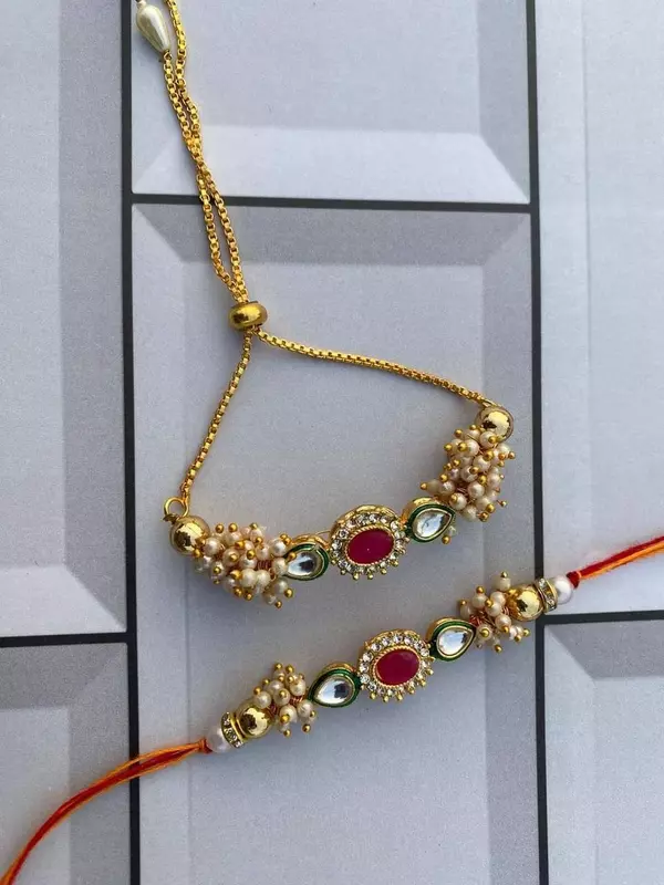 Ruby Kundan Pearl Bhai Bhabhi Rakhi Set