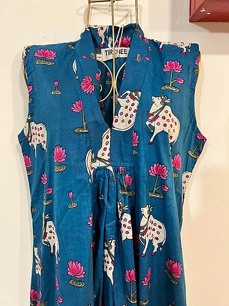 Charita's Everyday Sleeve Less Flare Dress - Turquoise & Pichwai Cows